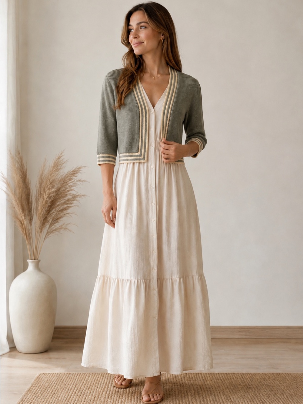 St. John Woman Gray Knit Open Cardigan with Cream Trim.SZ:S Vintage.
